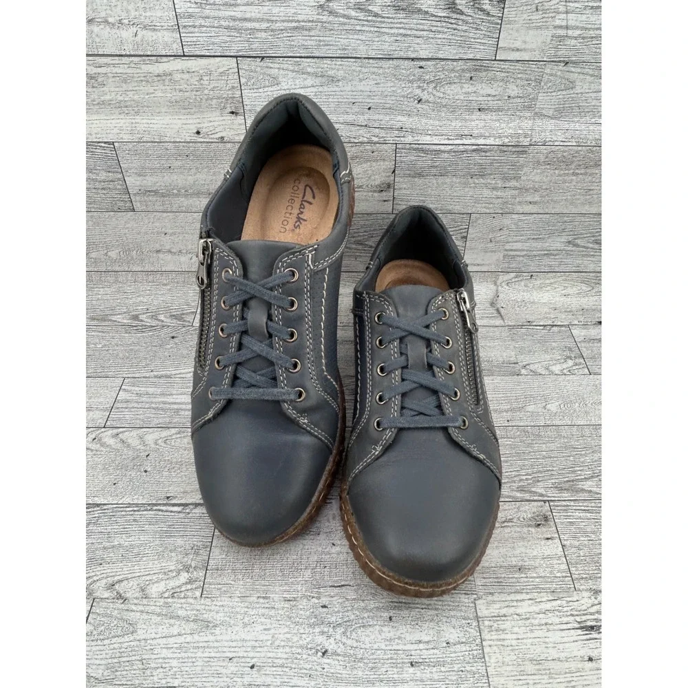 Clarks Collection Navy Leather Side Zip Lace Up Sneakers 261795204050 Women 7.5M